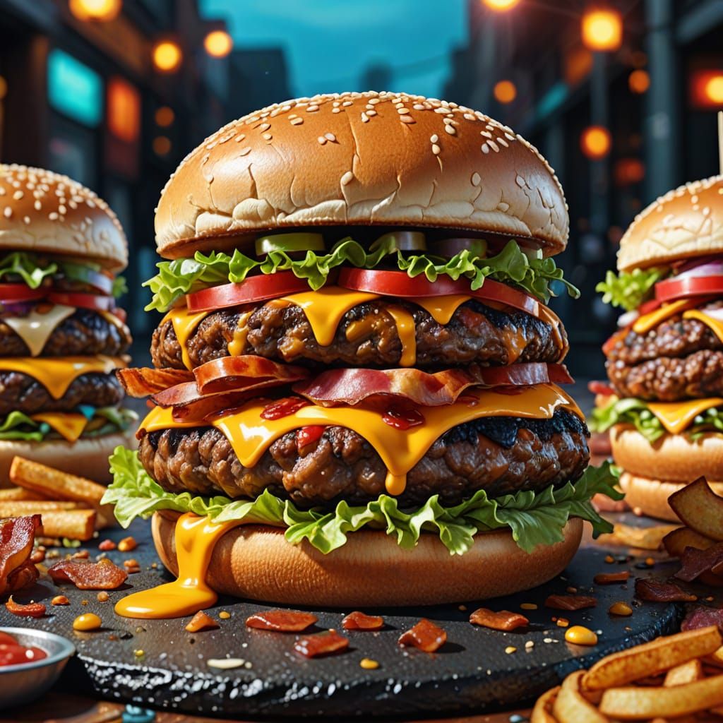 Hyperdetailed Deluxe Bacon Cheeseburger Photoillustration