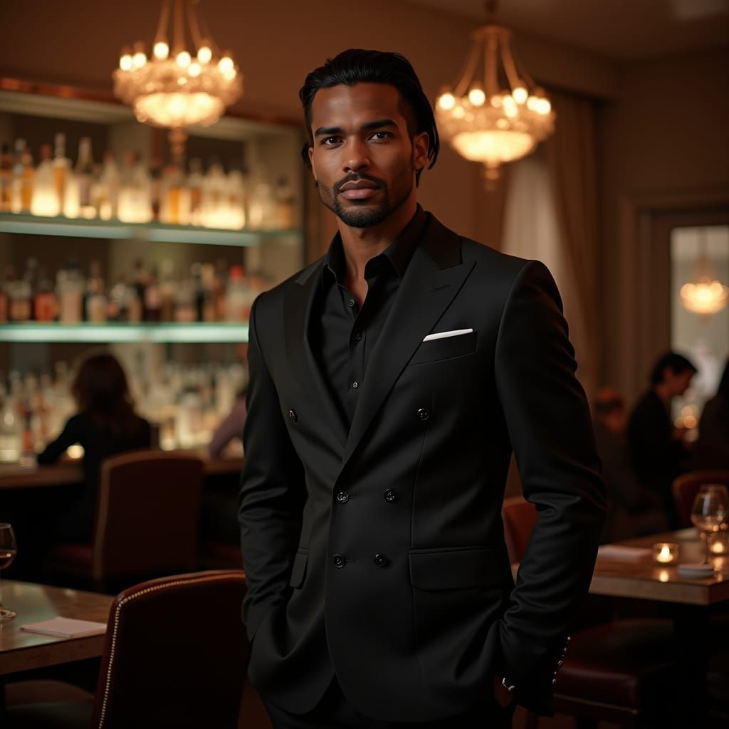 African American Man in Black Suit at Upscale Restaurant