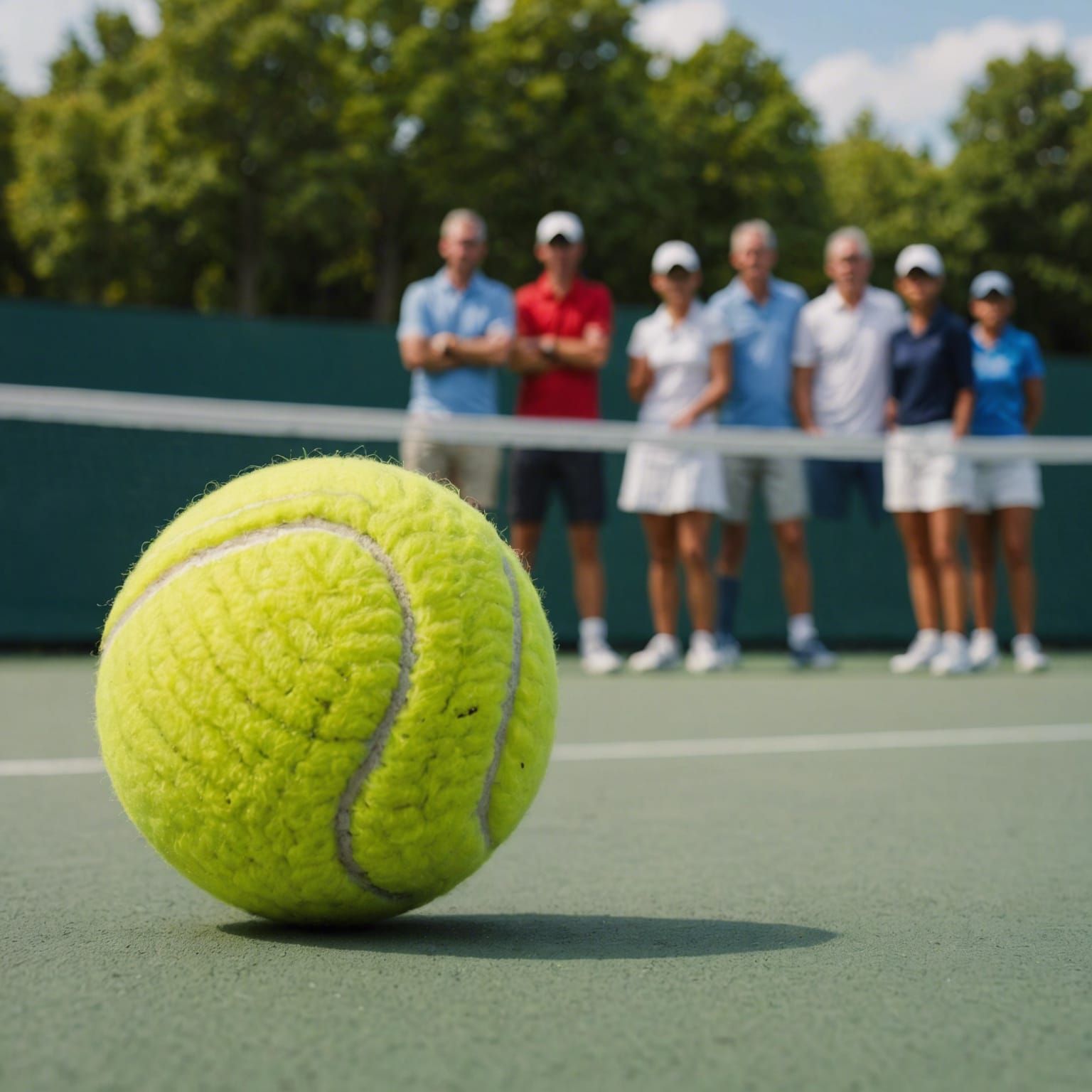 A tennis ball very close to the camera, almost blocking the full view. Behind it there are people playing tennis