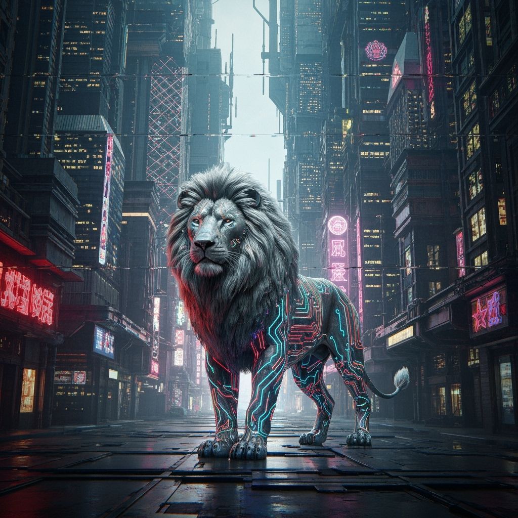Cybernetic Lion in Dark Futuristic Cityscape