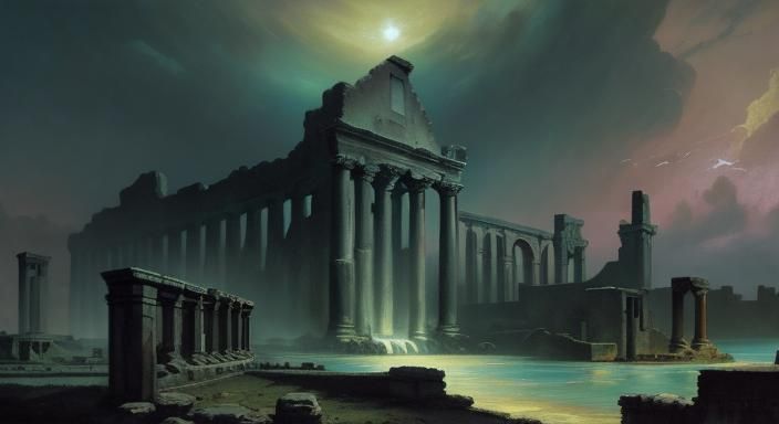 Mysterious Atlantean Explorer in a Dystopian Ruin Scene