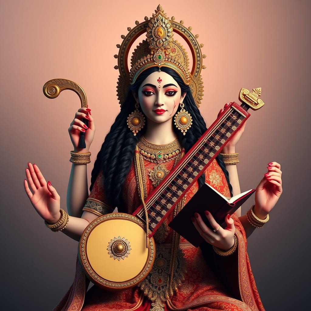 Goddess Saraswati in Dramatic Realism Style