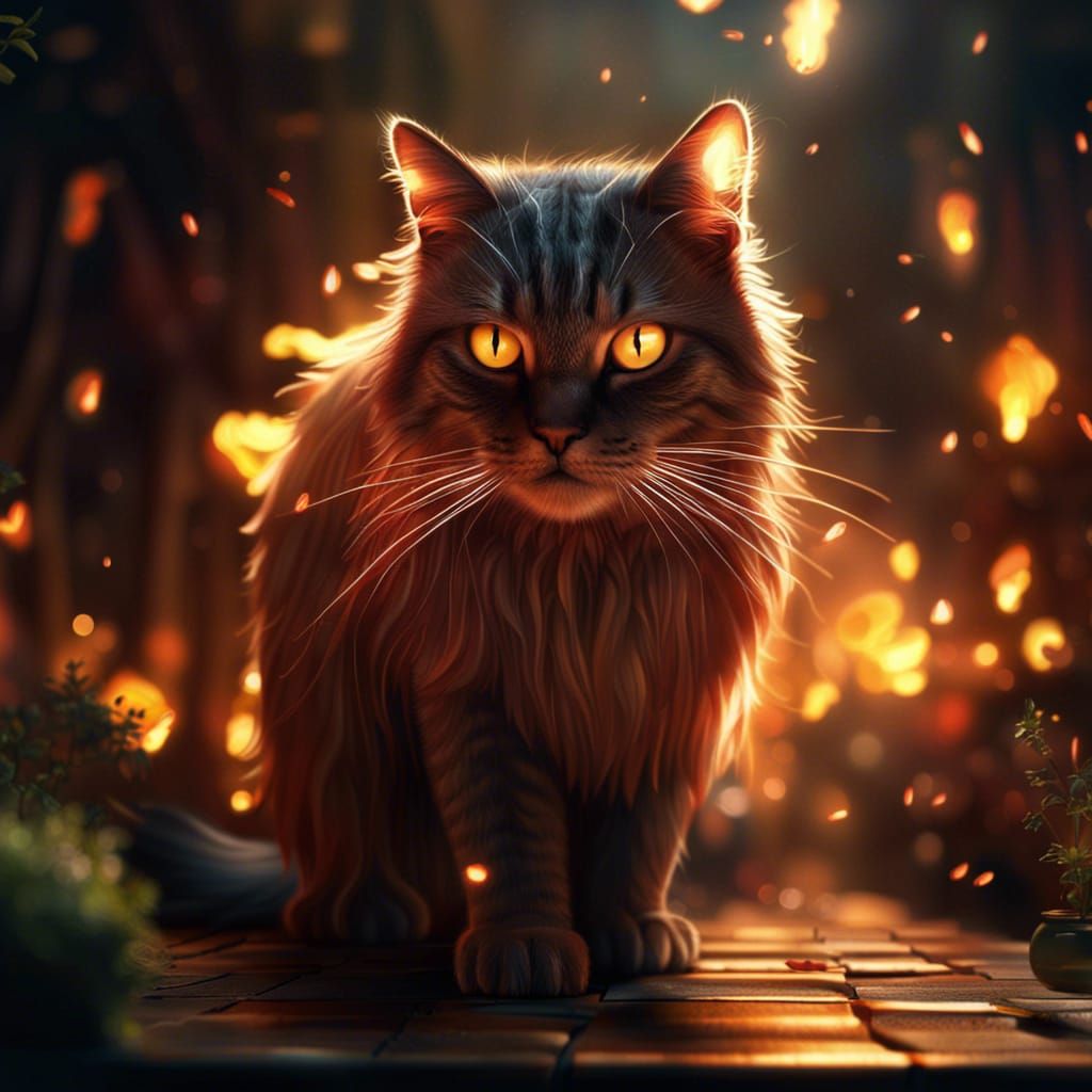 Cat and Fireflies in Dramatic Digital Painting