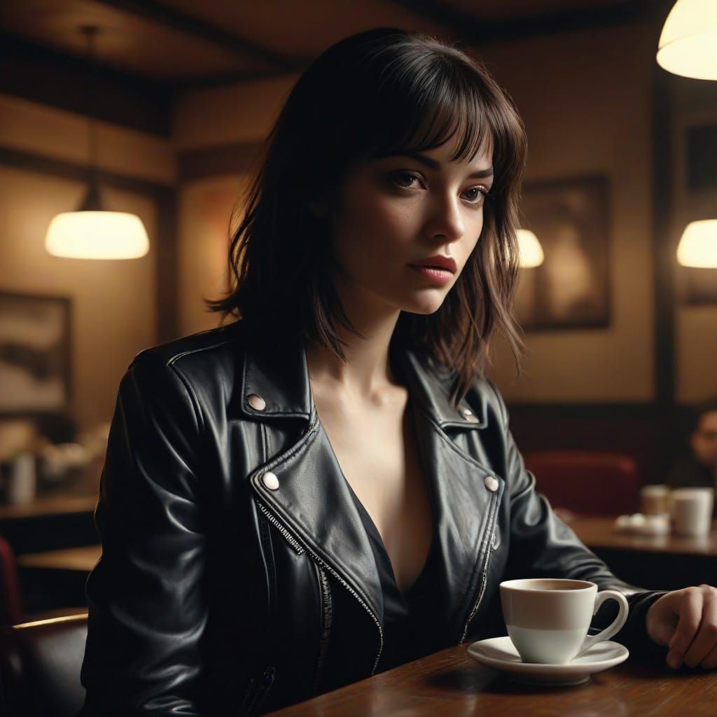 Sultry Coffee Shop Siren in Pulp Fiction Photorealism