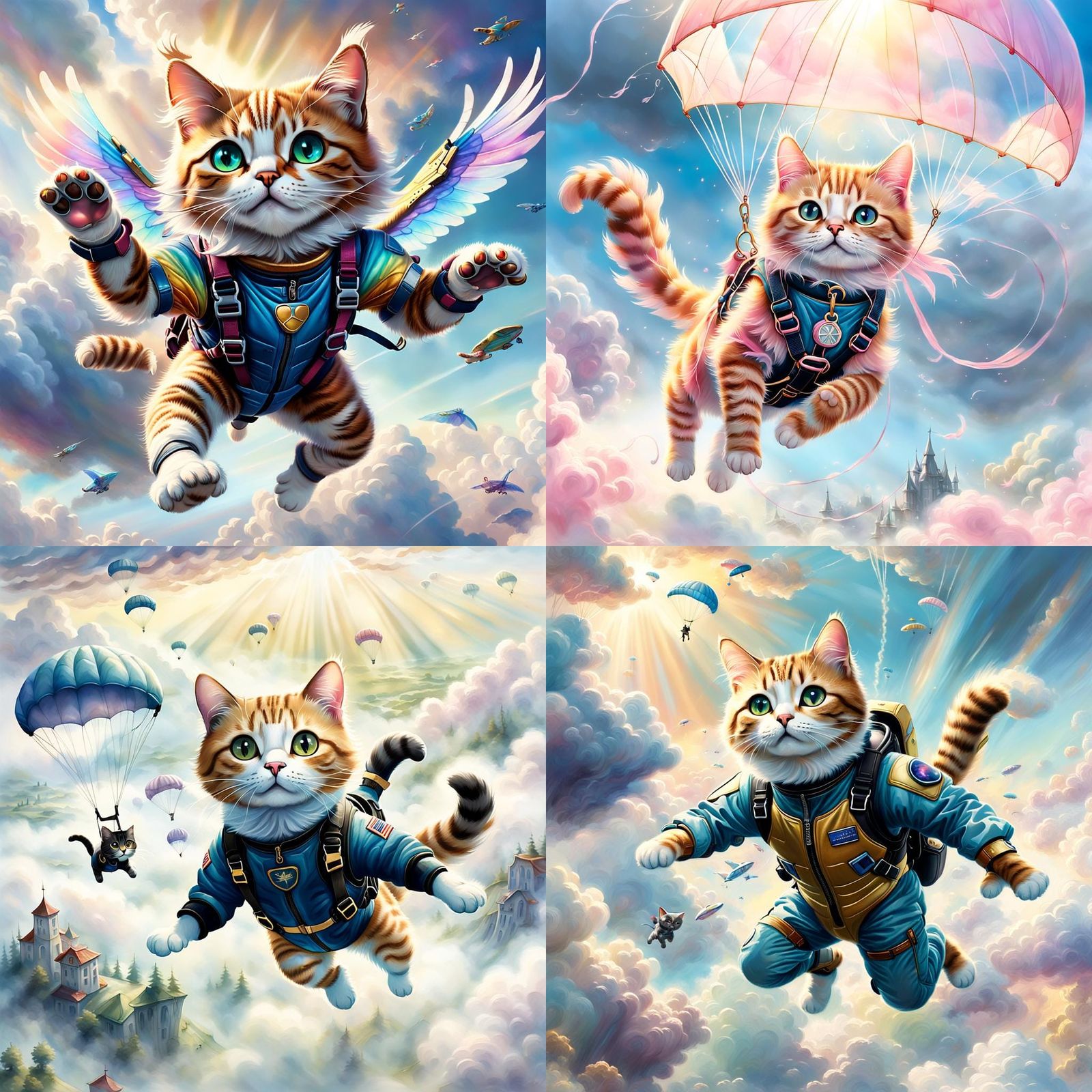Cat Skydiving in Ethereal Fantasy Landscape