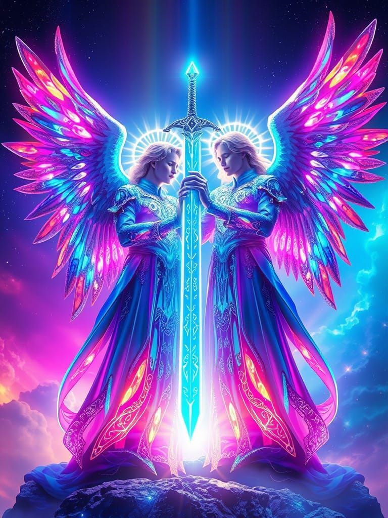 Majestic Archangels in Neon-Lit Celestial Expanse