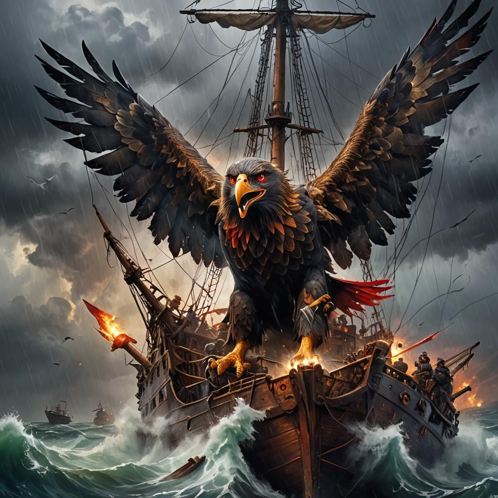 Giant Eagle Attacks Pirates: Fantasy Oil Painting
