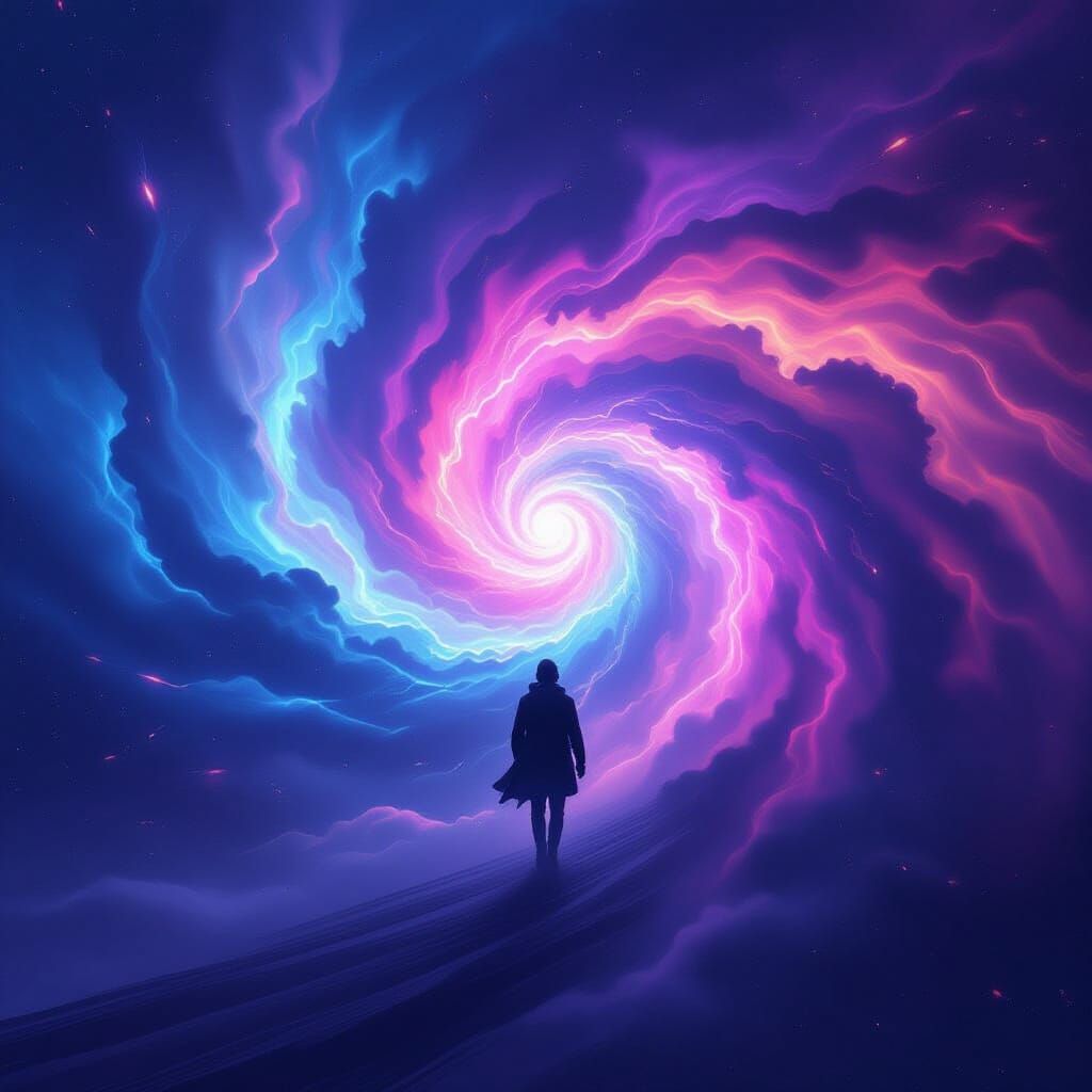 Figure Entering Cosmic Vortex in Electric Hues