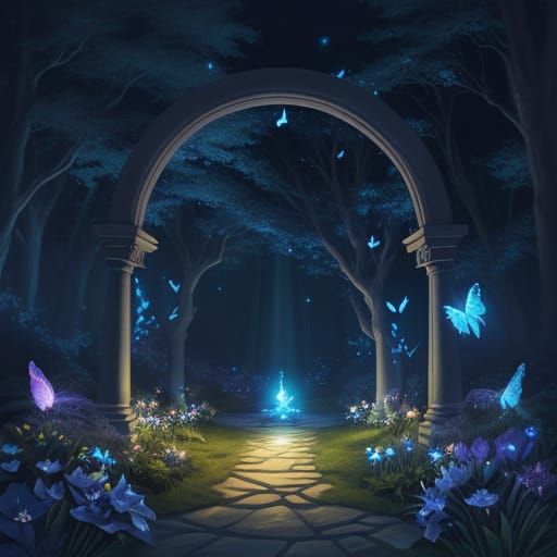 Magical Garden with Moonflowers and Glowing Butterflies