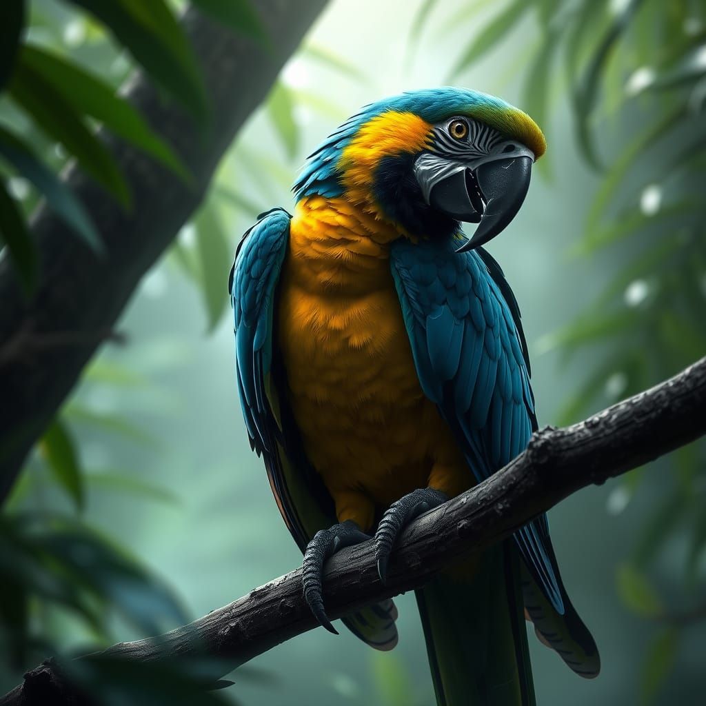 Vibrant Blue and Yellow Macaw in Tropical Landscape