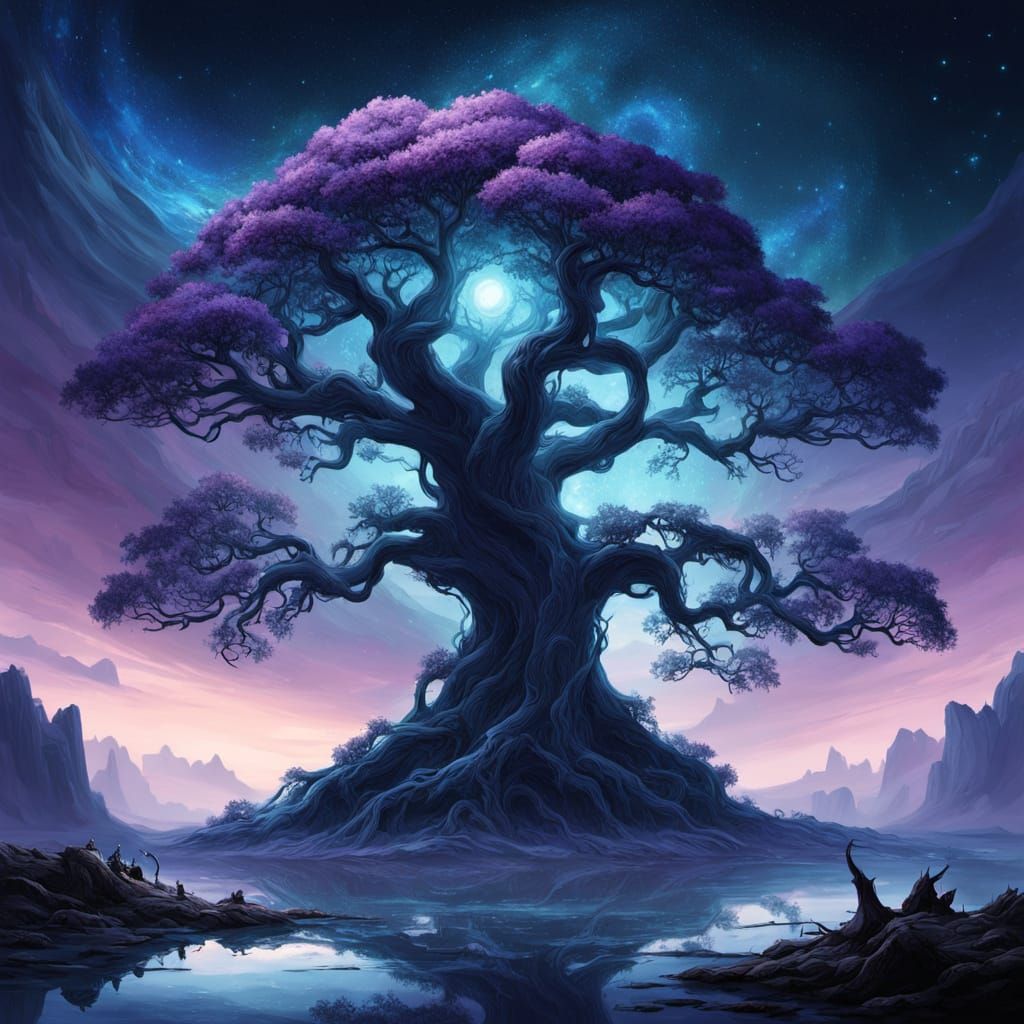Ancient Cosmic Tree in Vast Desolate Landscape Digital Art