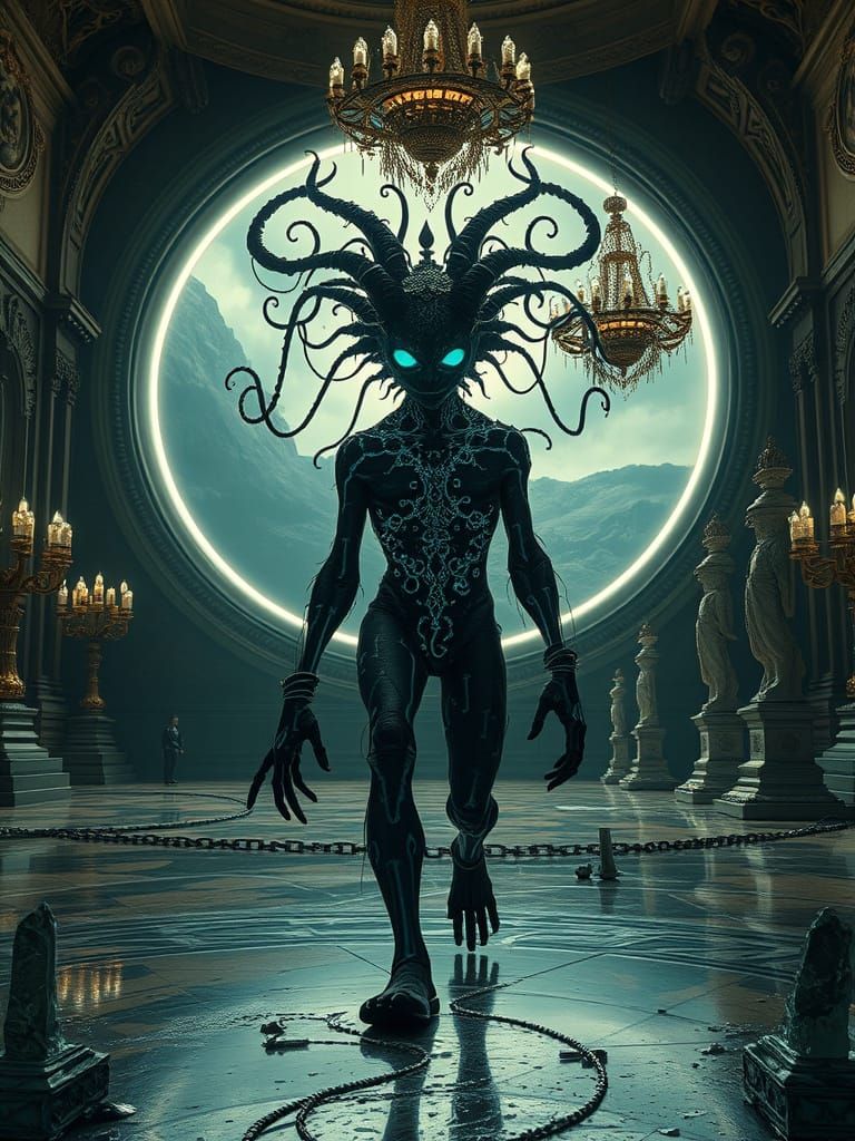 Creature Walking Between Parallel Realms in Cyberpunk Style