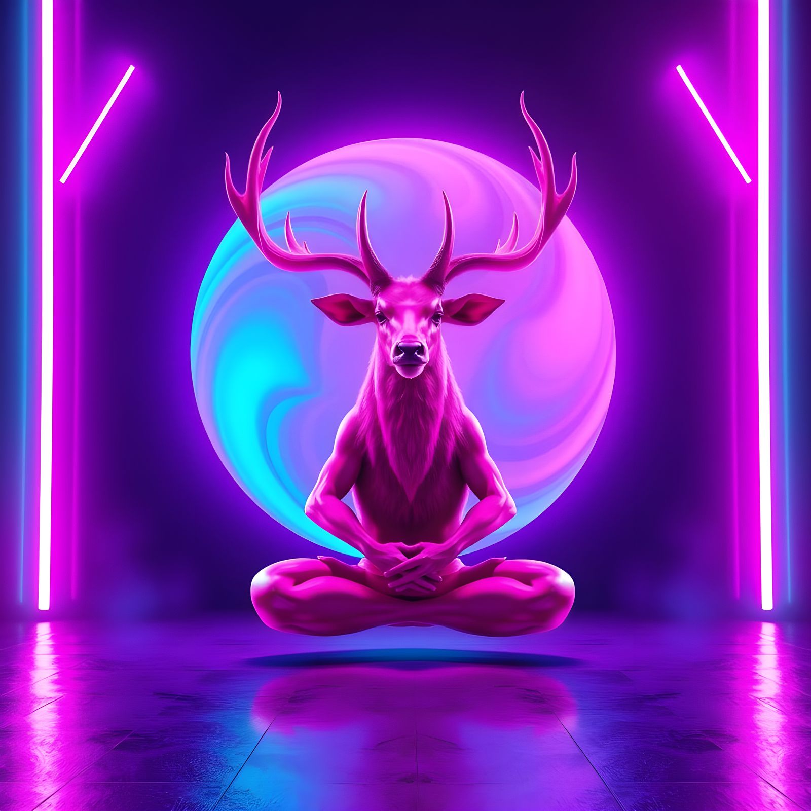 Meditating Pink Stag in Neon Sphere - Synthwave Art
