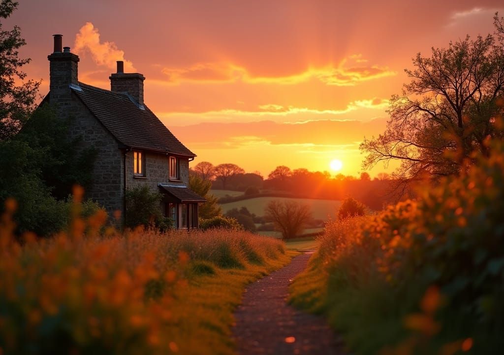 English Countryside Sunset with Cottage