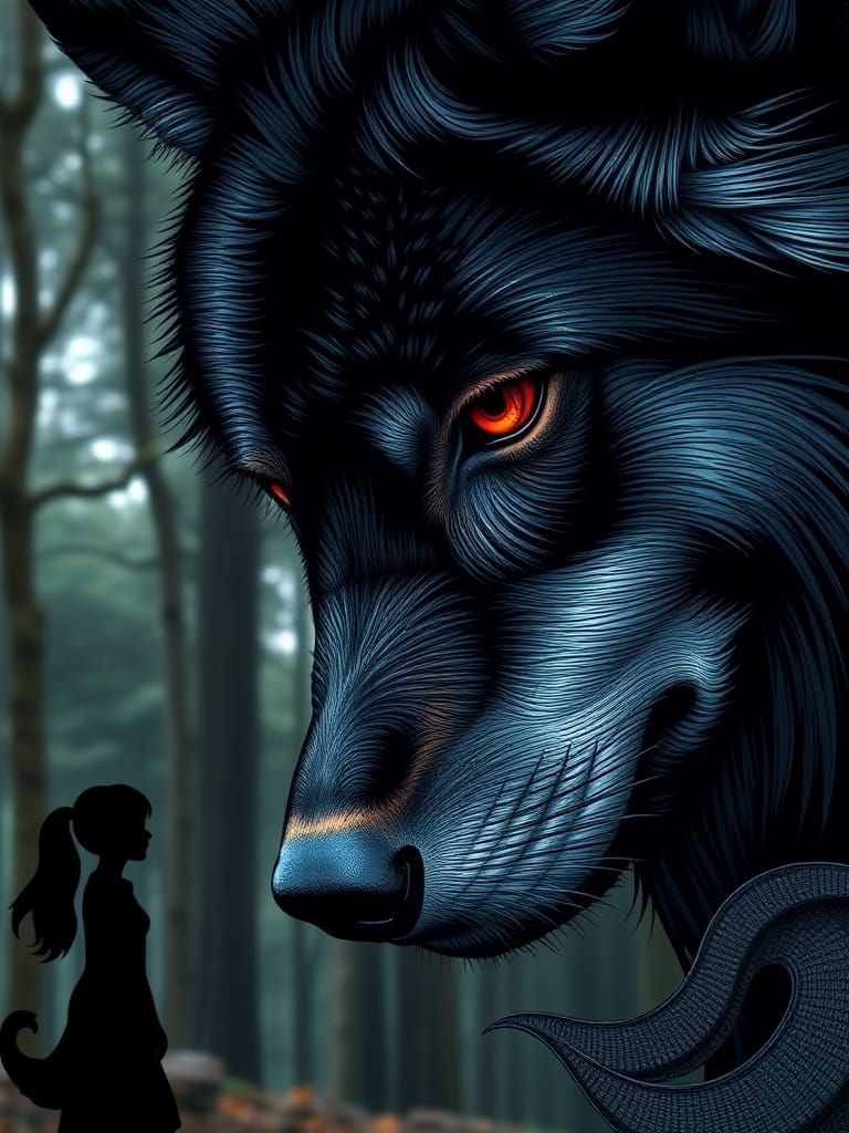 Wolf's Fiery Gaze Meets a Silhouette of a Girl in a Forest L...