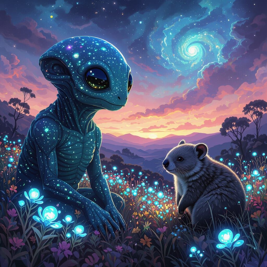 Alien Creature Meets Wombat in Surreal Bioluminescent Landsc...
