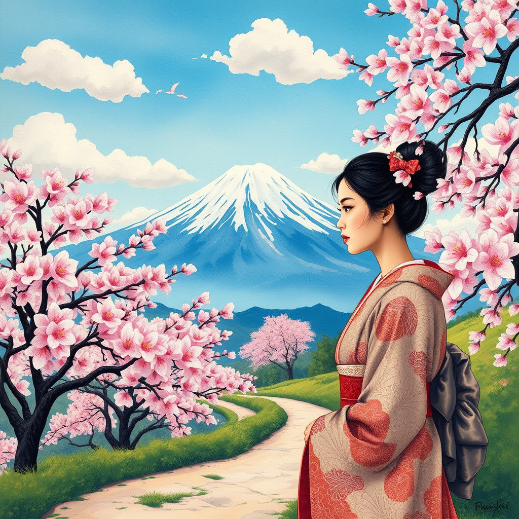 Mount Fuji Cherry Blossoms: Gouache Style Japanese Landscape