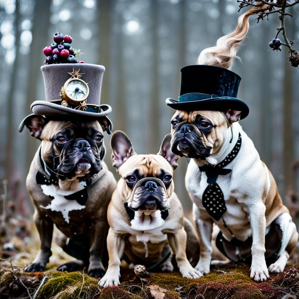 French Bulldogs in Steampunk Style in Misty Forest