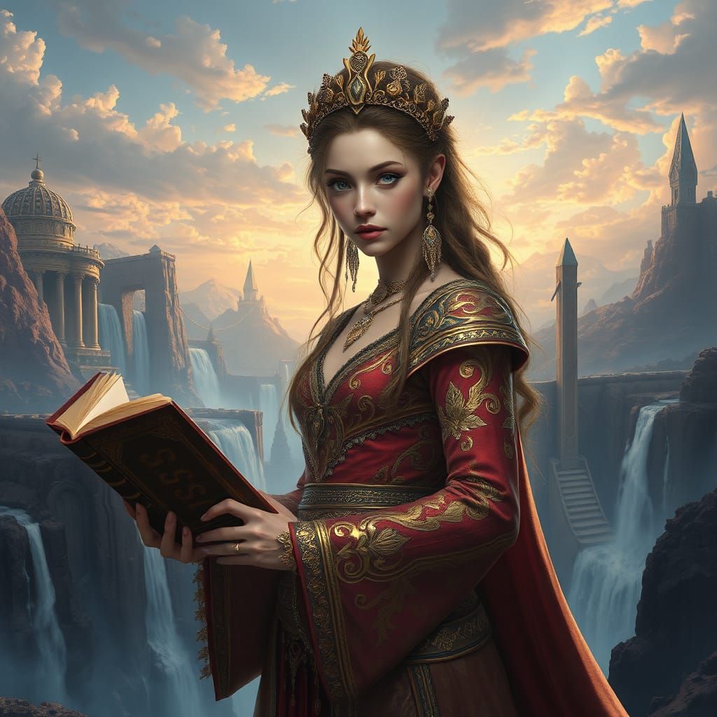 Mystic Woman with Ancient Tome in Dreamlike Landscape