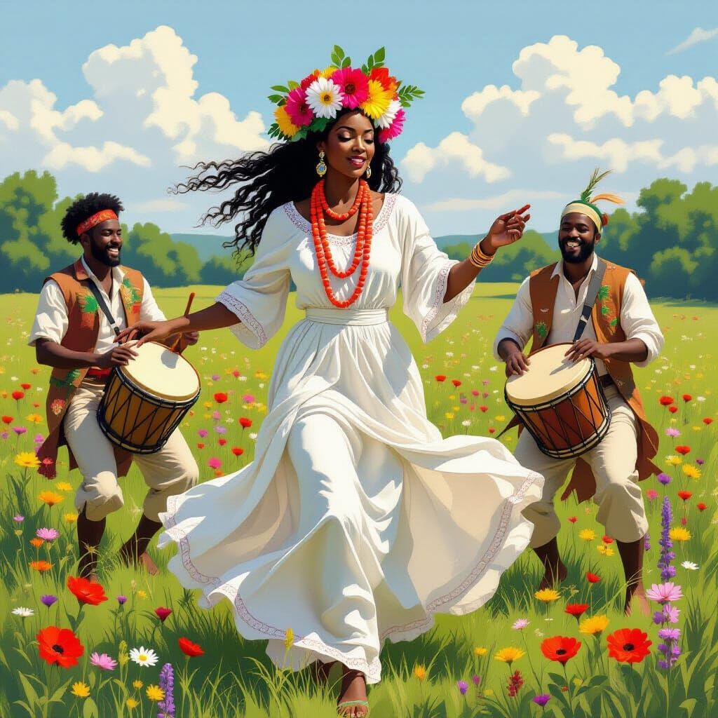 Elegant Woman Dancing with Drummers in Floral Meadow Art