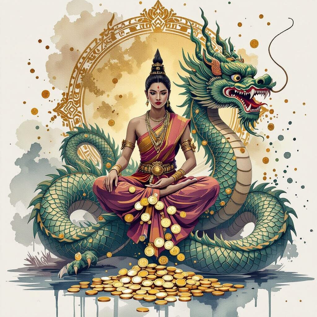 Khmer Dragon with Figure in Sampot, Watercolor Style