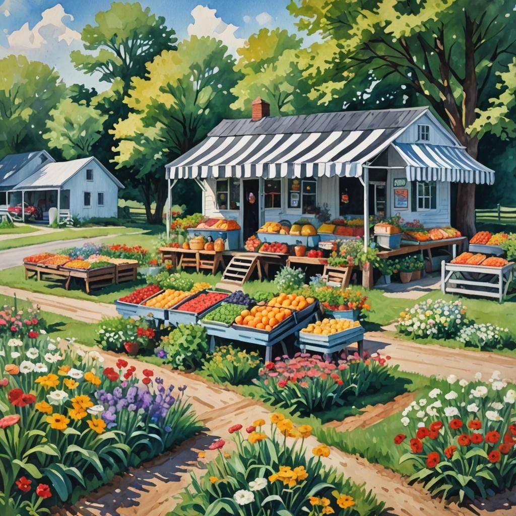 Impressionist Farmstand Scene in Gouache and Watercolor