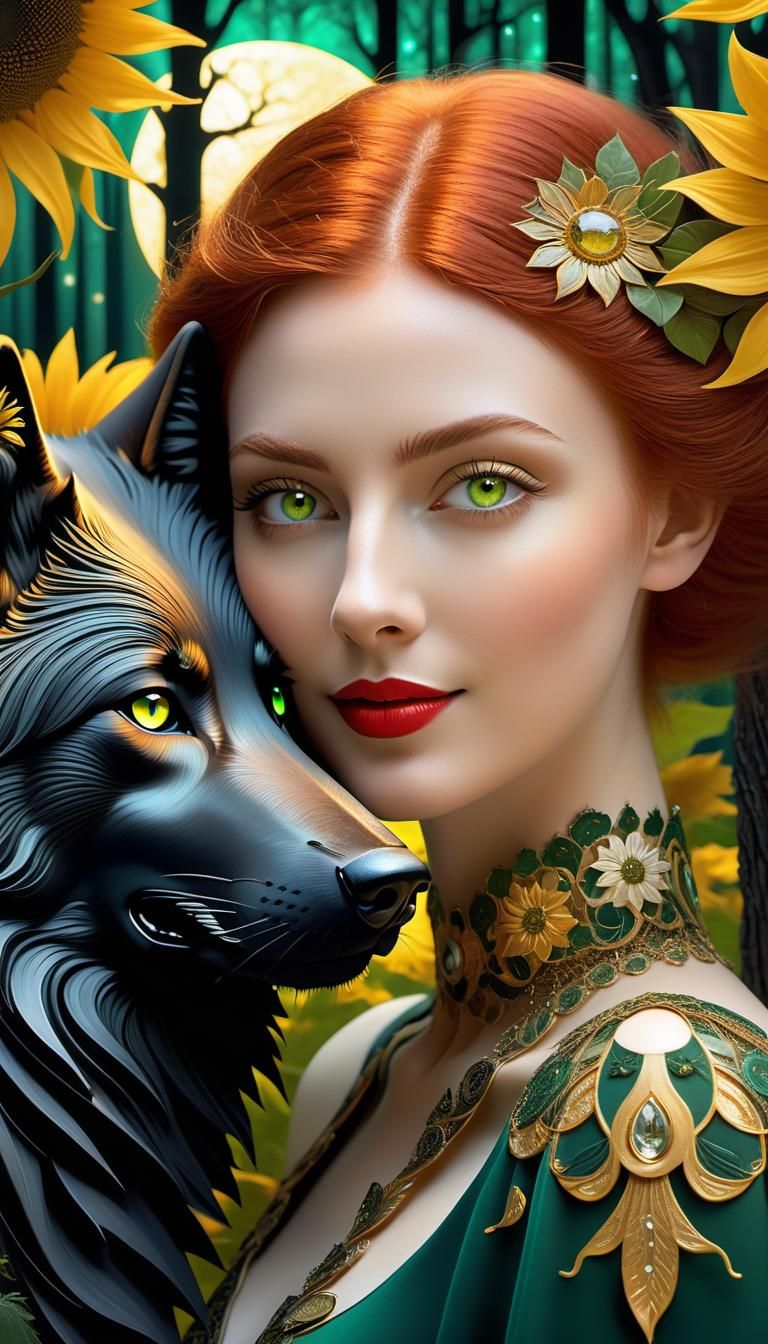 Surreal Woman and Wolf in Dreamlike Fractal Forest