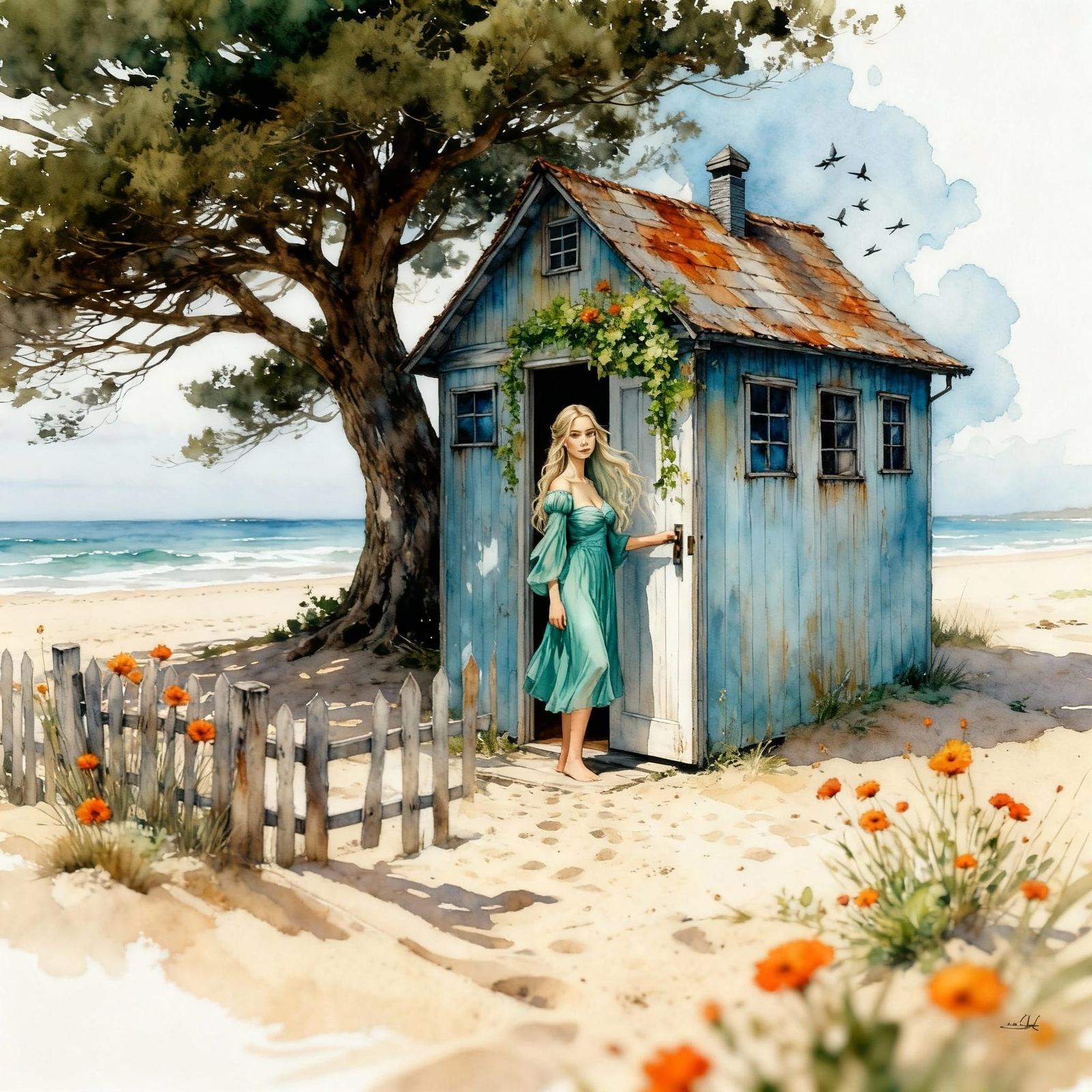 Girl Standing at Beach House Door