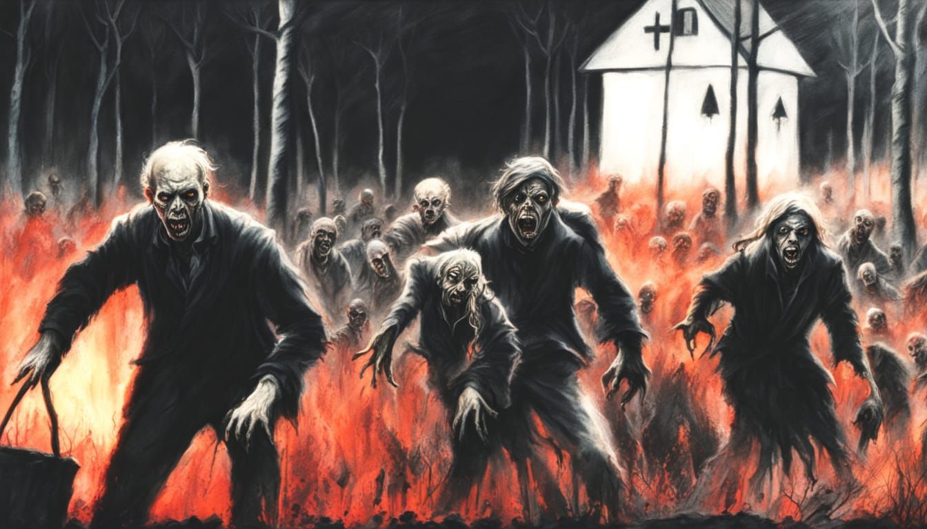 Zombies Rise in Dark Forest: Charcoal Drawing