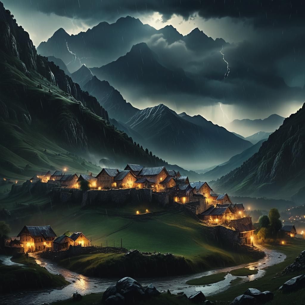 Dramatic Mountain Village in Rainstorm: Digital Matte Painti...