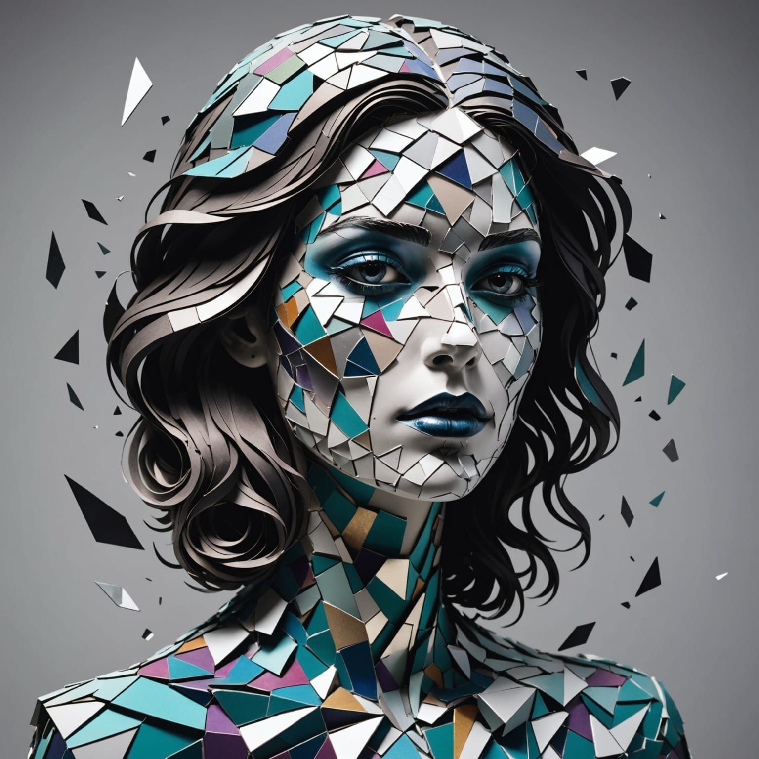 Fragmented Ceramic Woman in Surreal Paper Diorama