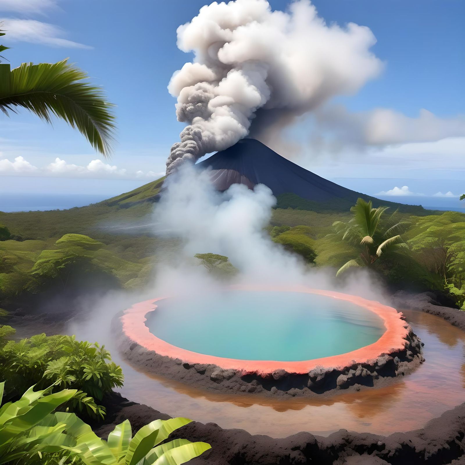 Tropical Island Hot Spring with Distant Volcano