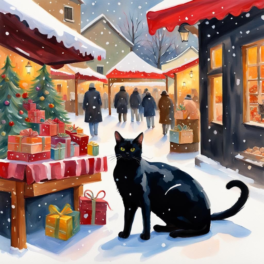 Cats at Spanish Christmas Market in Gouache Style