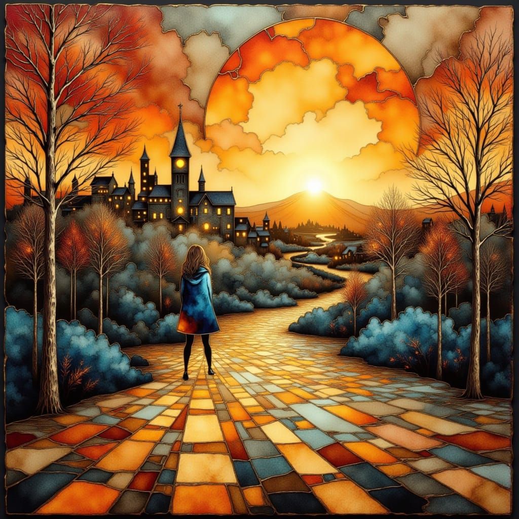 Surreal Cityscape at Sunset, Blending Earthy Tones and Dream...