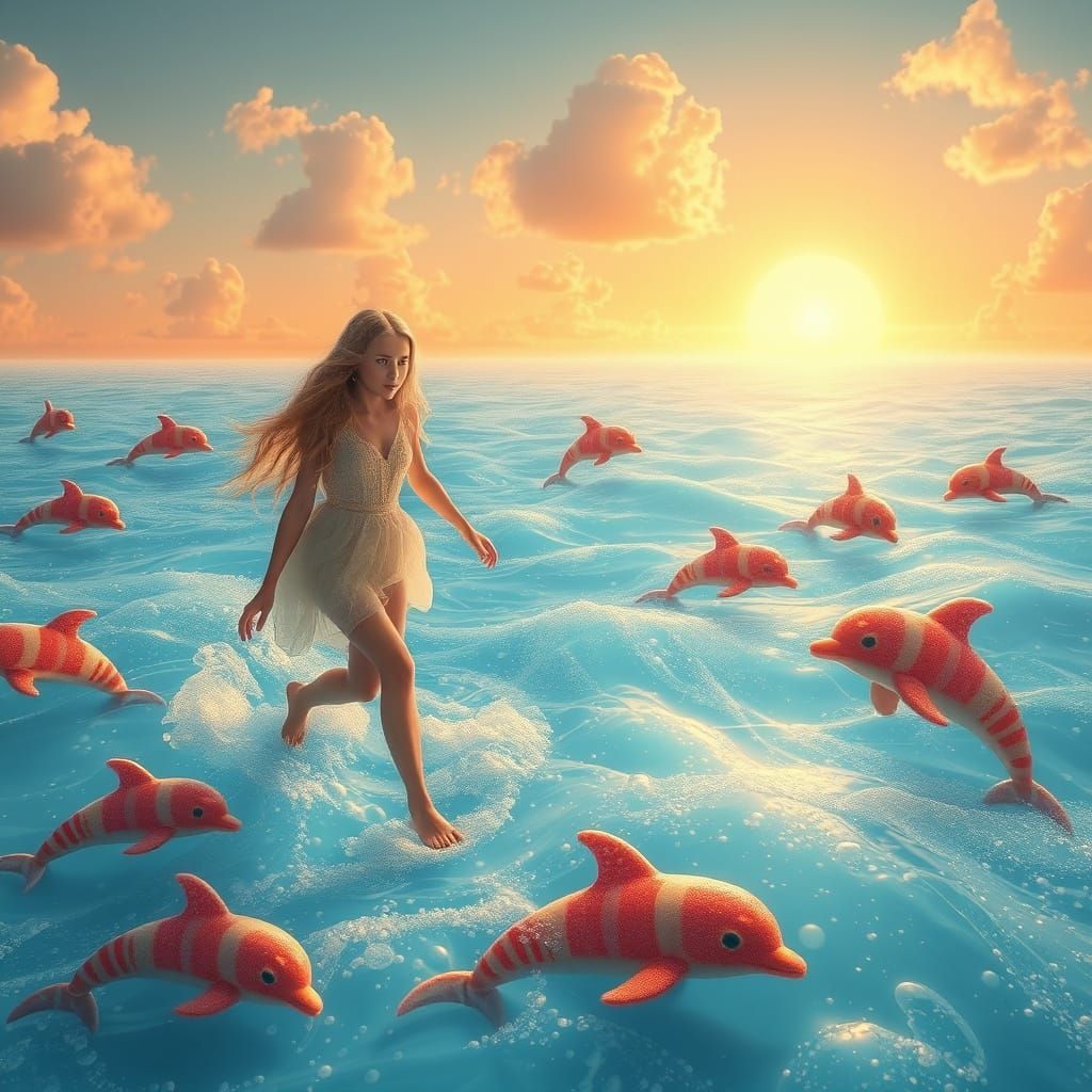 Girl Gliding on Soda Sea with Candy Dolphins