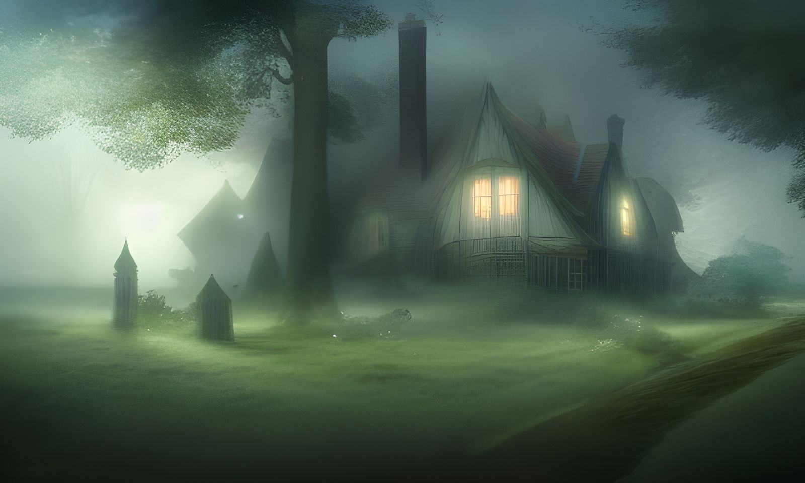 Mystical Old English House in Morning Mist