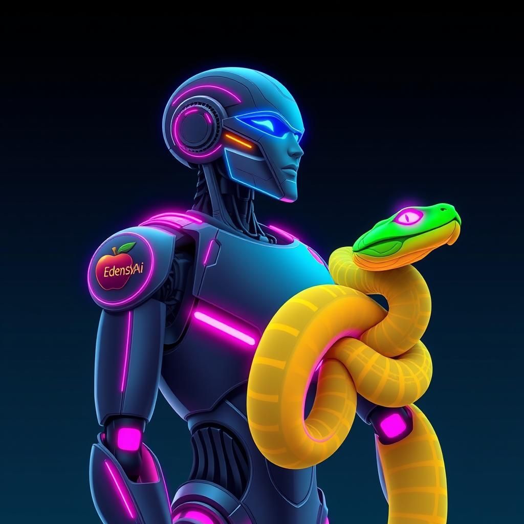 Neon Robot with Serpent, Futuristic AI Art