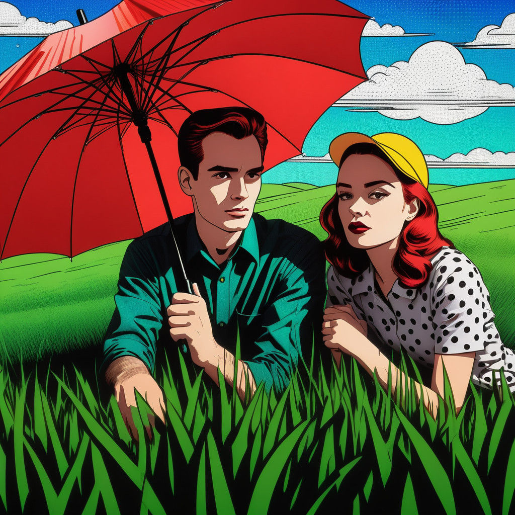 Pop Art Umbrella Duo Under Rainy Skies