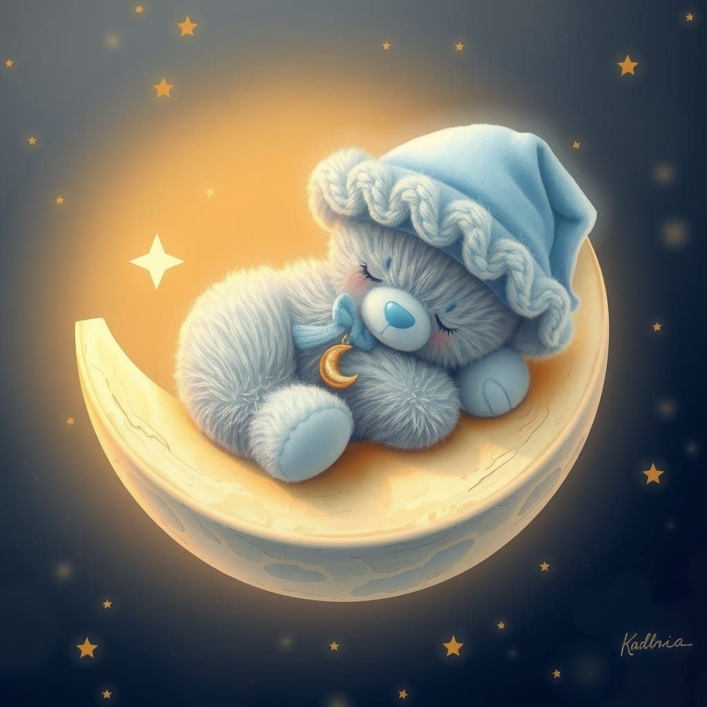 Teddy Bear Sleeping on the Moon in Dreamy Digital Art