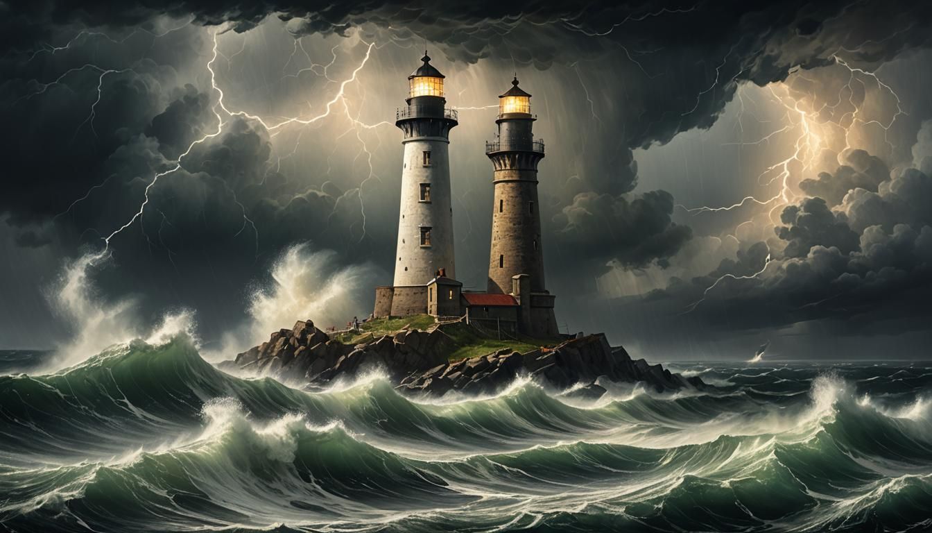 Lighthouse in Raging Storm, Dramatic Digital Painting