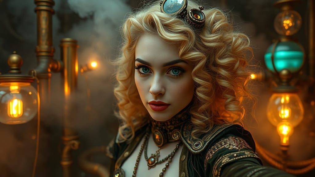 Steampunk Influencer Captured in Whimsical, Smoky Scene