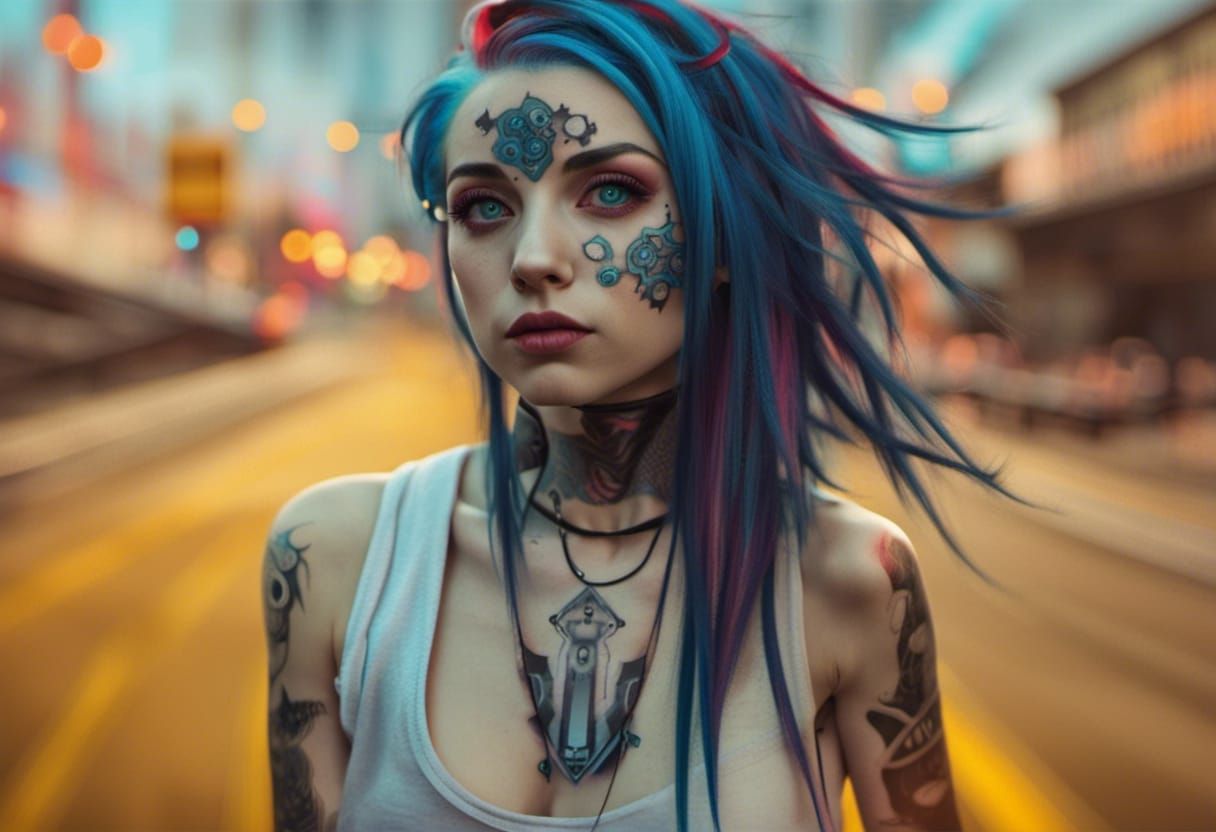 "Amazing blue hair girl cyberpunk with tattoo"