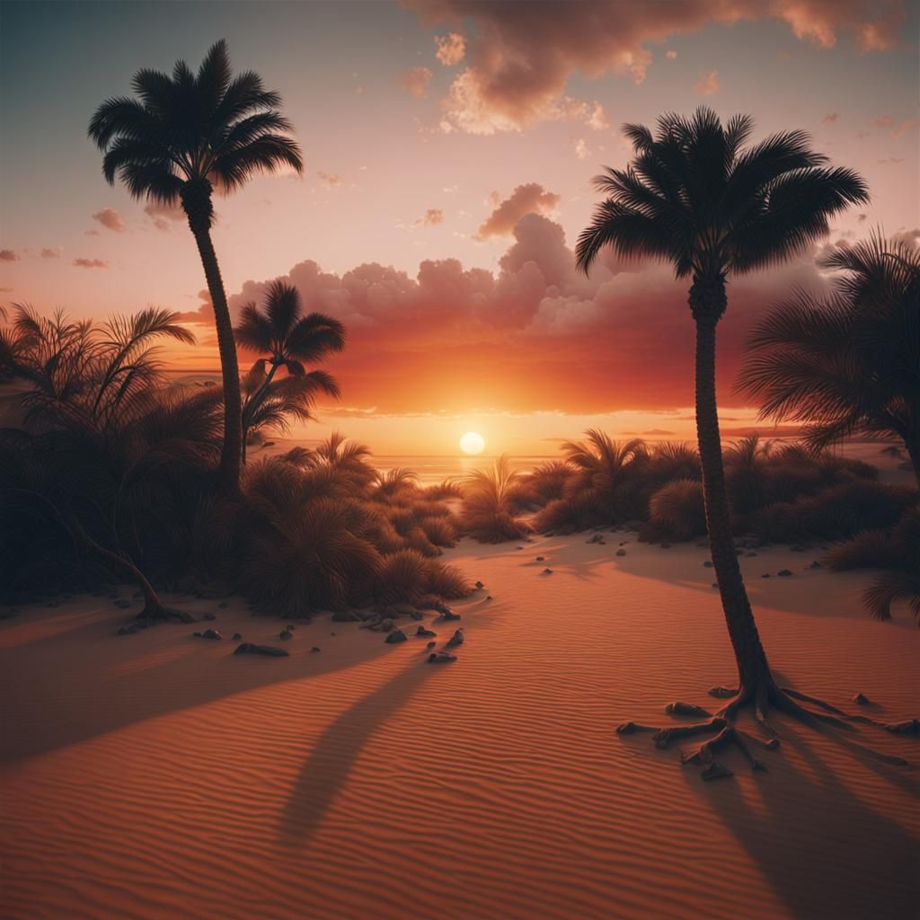 Secluded Desert Island Sunset in Cinematic Style