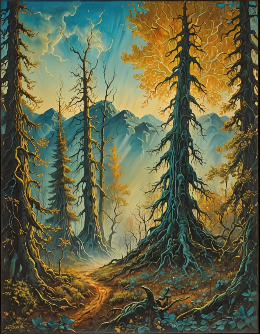 Surrealist Trees Whispering in Dreamlike Forest