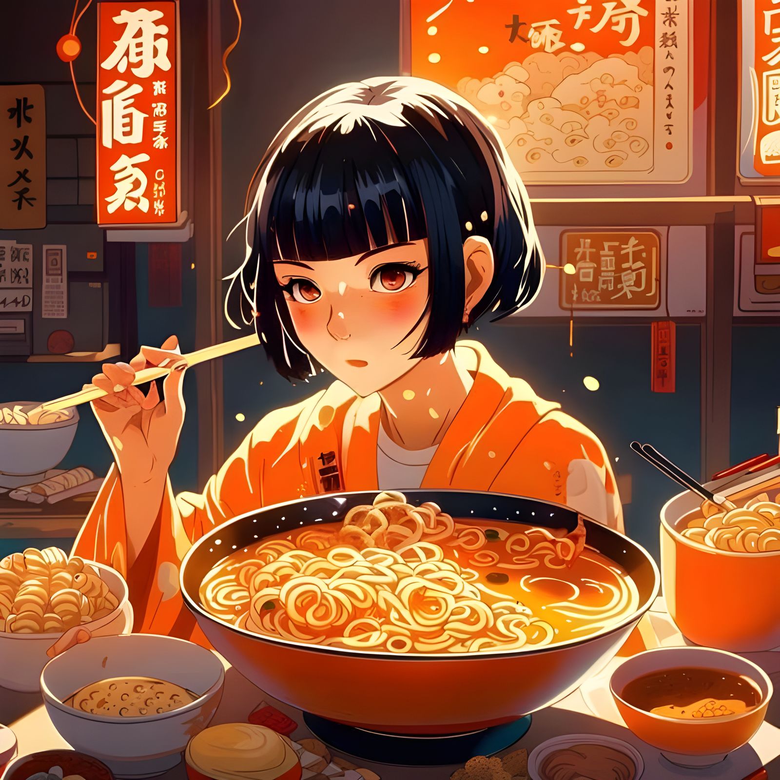Anime Girl Eating Ramen in Neon-lit Japanese Setting