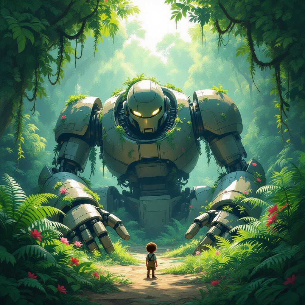 Giant Automaton Sleeps in Lush Jungle Clearing