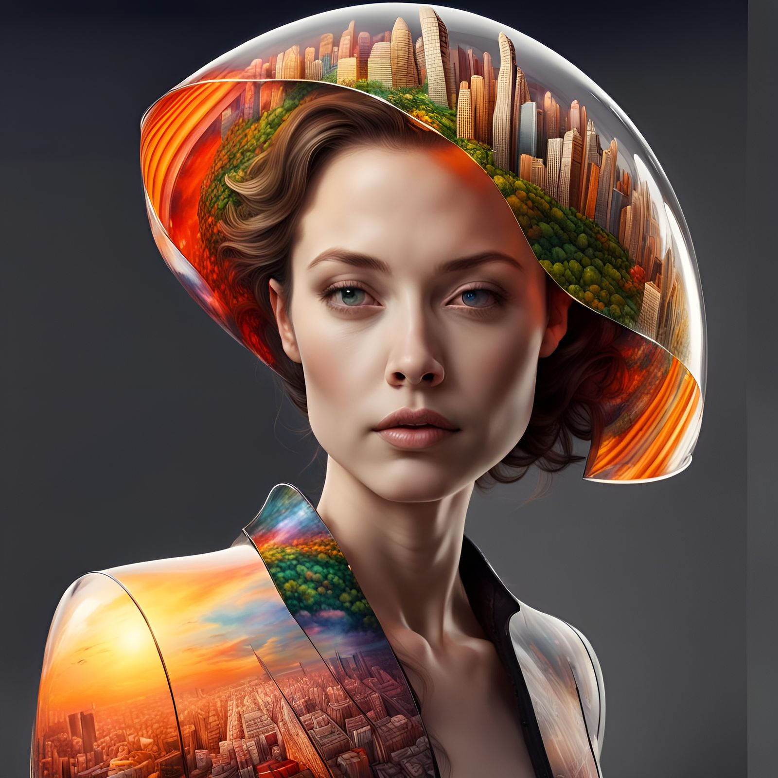 Floating Garden City in Heart Balloon, Hyperrealistic Art