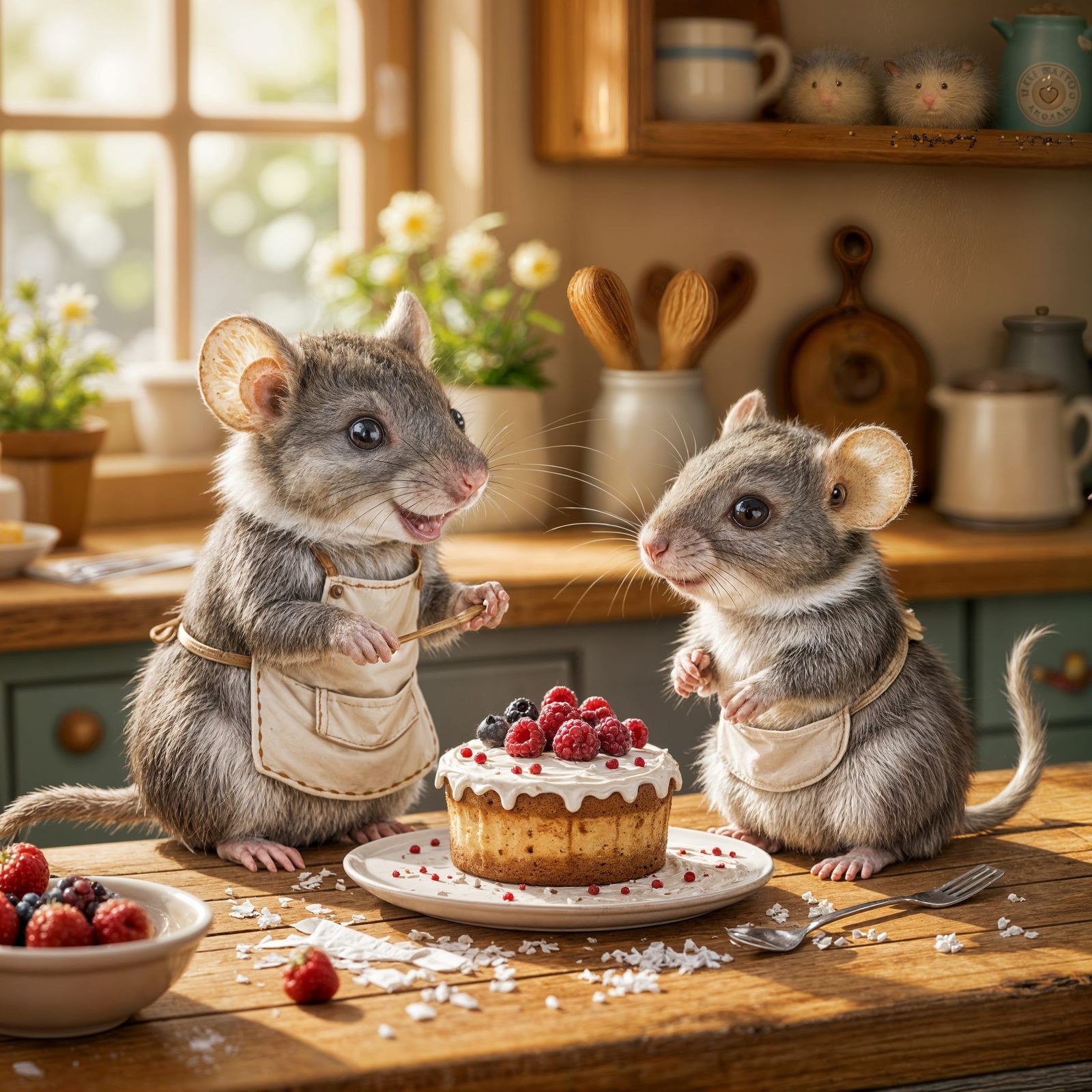 Anthropomorphic Rat Baker Decorates Cake in Cozy Kitchen