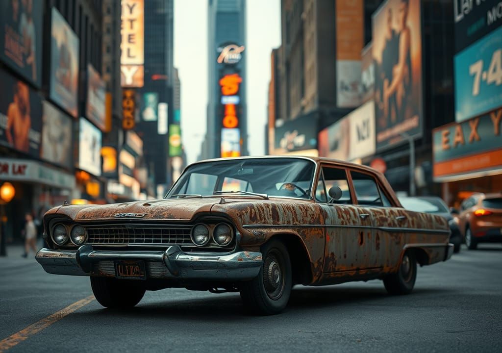 Rusty Sedan Cruises Through Neon Times Square