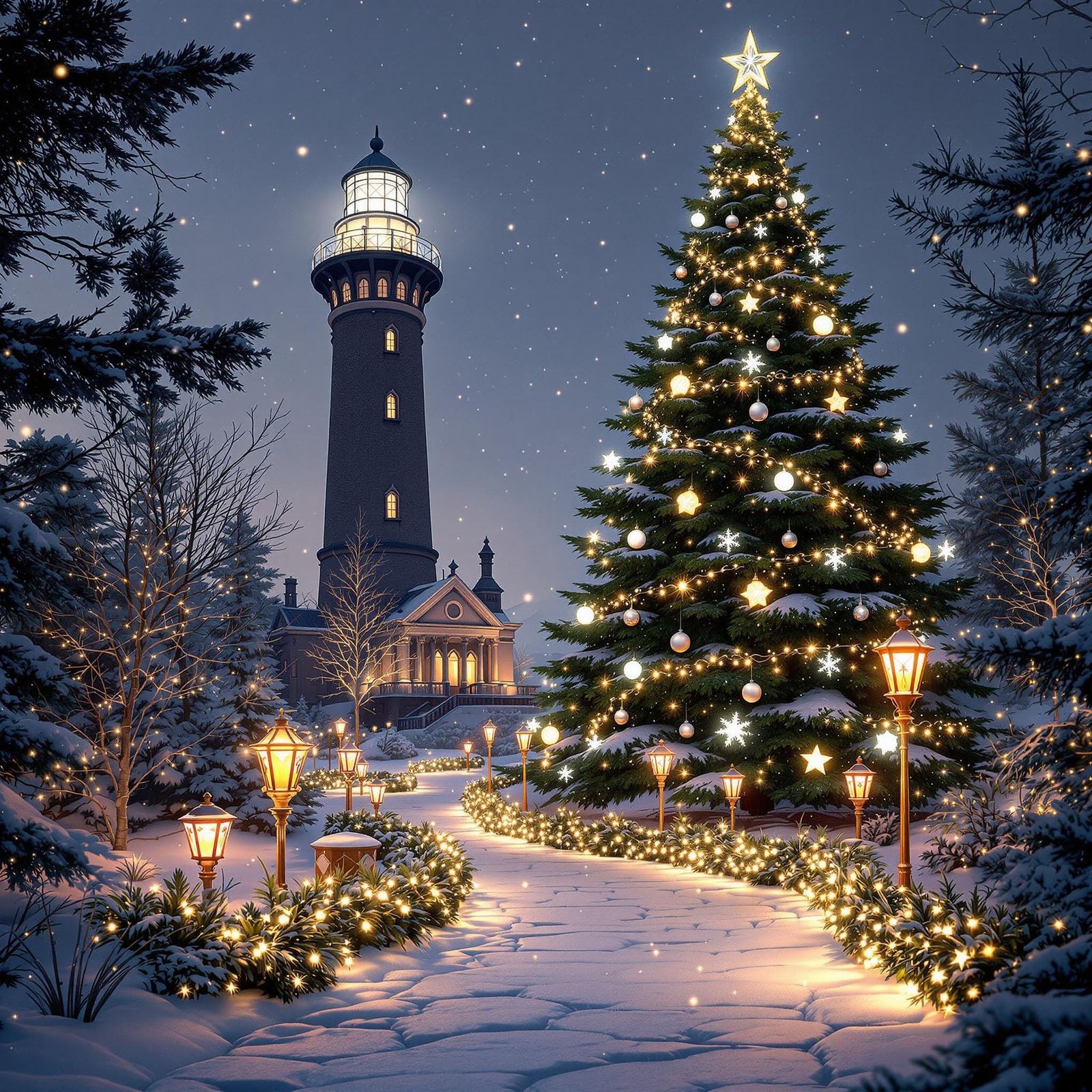 Majestic Christmas Lighthouse Tower with Whimsical Decoratio...